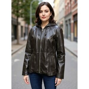 Women's Black soft Leather zip up Jacket with Hood  Kenneth Cole XL
